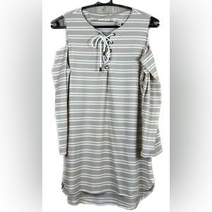 Cyrus Medium Tan & Cream Striped Ribbed Cold Shoulder Top w/Lace Up Front